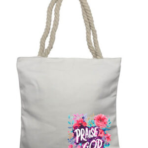 Praise God Purple Flower Corner Rope Tote Bag